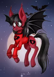 Size: 2387x3379 | Tagged: safe, artist:das_leben, derpibooru import, ponified, bat, bat pony, pony, bat wings, clandestine industries, clothes, commission, ear fluff, fall out boy, fangs, flying, hoodie, image, male, moon, night, night sky, pete wentz, png, shirt, sky, solo, spread wings, stallion, stars, undershirt, wings, ych result