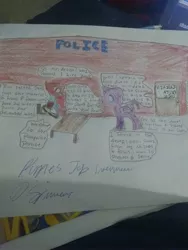 Size: 2448x3264 | Tagged: safe, artist:iloveponies, derpibooru import, oc, unofficial characters only, alicorn, pegasus, alicorn oc, dialogue, dialogue in the description, horn, image, job interview, jpeg, pegasus oc, photo, police, police pony, signature, speech bubble, traditional art, wings