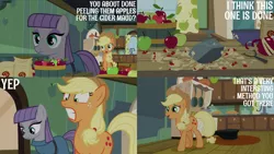 Size: 1280x720 | Tagged: safe, derpibooru import, edit, edited screencap, editor:quoterific, screencap, applejack, maud pie, earth pony, pony, maud pie (episode), season 4, apple, apple pie, applejack's hat, cowboy hat, female, food, hat, image, jpeg, mare, open mouth, pie, smiling, teeth