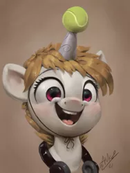 Size: 900x1200 | Tagged: safe, artist:assasinmonkey, artist:imalou, derpibooru import, oc, oc:cookie malou, oc:imalou, earth pony, pony, unicorn, my little pony: a new generation, spoiler:my little pony: a new generation, ball, bust, cute, female, g5, happy, hat, headphones, image, izzy's tennis ball, mare, ocbetes, party hat, png, ponysona, signature, simple background, solo, style emulation, tennis ball, traditional art