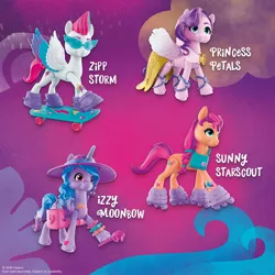 Size: 2000x2000 | Tagged: safe, derpibooru import, official, izzy moonbow, pipp petals, sunny starscout, zipp storm, earth pony, pegasus, pony, unicorn, abstract background, female, g5, hat, image, jpeg, mare, skateboard, skates, sunglasses, text, toy, translation request