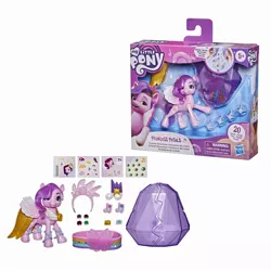 Size: 2000x2000 | Tagged: safe, derpibooru import, official, pipp petals, pegasus, pony, box, female, g5, hasbro logo, image, jpeg, mare, music notes, my little pony logo, sticker, toy, wristband