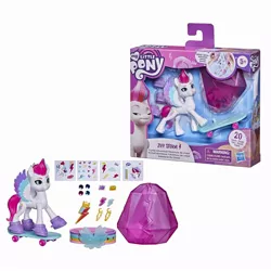 Size: 2000x2000 | Tagged: safe, derpibooru import, official, zipp storm, pegasus, pony, box, female, g5, hasbro logo, image, jpeg, mare, my little pony logo, skateboard, sticker, toy, wristband