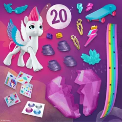 Size: 2000x2000 | Tagged: safe, derpibooru import, official, zipp storm, pegasus, pony, abstract background, female, g5, hoof shoes, image, jpeg, mare, skateboard, sticker, sunglasses, toy, wristband