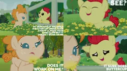 Size: 1280x720 | Tagged: safe, derpibooru import, edit, edited screencap, editor:quoterific, screencap, bright mac, pear butter, earth pony, pony, season 7, the perfect pear, baby, baby pony, brightabetes, colt, cute, eyes closed, female, filly, flower, image, jpeg, male, open mouth, pearabetes, smiling
