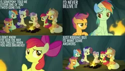 Size: 1280x720 | Tagged: safe, derpibooru import, edit, edited screencap, editor:quoterific, screencap, apple bloom, applejack, rainbow dash, rarity, scootaloo, sweetie belle, earth pony, pegasus, pony, unicorn, campfire tales, season 7, apple bloom's bow, applejack's hat, bow, campfire, cowboy hat, cutie mark crusaders, female, filly, hair bow, hat, image, mare, open mouth, png, smiling