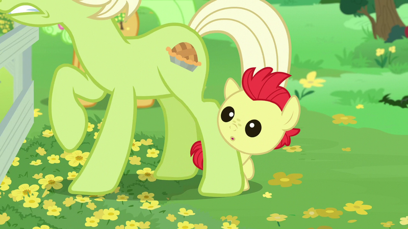 Size: 1280x720 | Tagged: safe, derpibooru import, screencap, bright mac, granny smith, earth pony, pony, season 7, the perfect pear, :o, baby, baby pony, brightabetes, colt, cute, female, image, male, mare, offscreen character, open mouth, png