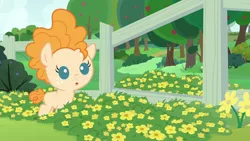 Size: 1280x720 | Tagged: safe, derpibooru import, screencap, pear butter, earth pony, pony, season 7, the perfect pear, :o, baby, baby pony, cute, female, fence, filly, flower, image, open mouth, pearabetes, png, solo