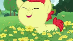 Size: 1280x720 | Tagged: safe, derpibooru import, screencap, bright mac, earth pony, pony, season 7, the perfect pear, baby, baby pony, brightabetes, colt, cute, eyes closed, flower, image, male, open mouth, png, smiling, solo