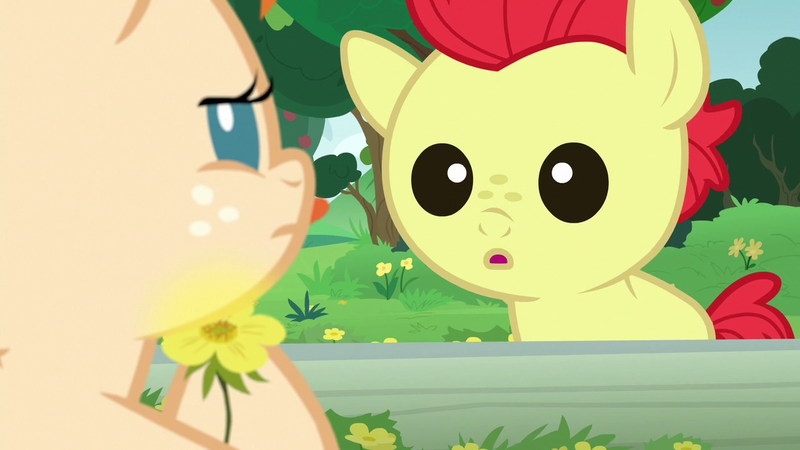 Size: 1280x720 | Tagged: safe, derpibooru import, screencap, bright mac, pear butter, earth pony, pony, season 7, the perfect pear, :o, baby, baby pony, brightabetes, colt, cute, female, fence, filly, flower, image, male, open mouth, png, tree