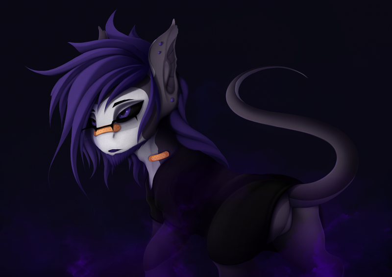 Size: 1420x1003 | Tagged: safe, artist:batsdisaster, derpibooru import, oc, oc:batsdisaster, unofficial characters only, pony, vampire, vampony, bandaid, bat ears, black sclera, clothes, glasses, image, male, piercing, png, purple eyes, solo, stallion