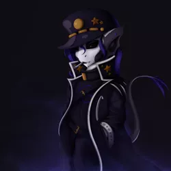 Size: 2432x2432 | Tagged: safe, artist:batsdisaster, derpibooru import, oc, oc:batsdisaster, unofficial characters only, anthro, vampire, vampony, anthro oc, bat ears, black sclera, cigarette, clothes, coat, costume, fangs, hat, image, jojo's bizarre adventure, jotaro kujo, male, pants, piercing, png, smoking, solo