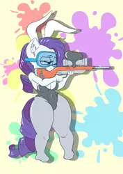 Size: 724x1024 | Tagged: suggestive, artist:snus-kun, derpibooru import, rarity, anthro, plantigrade anthro, unicorn, aiming, bedroom eyes, belly button, breasts, bunny ears, bunny suit, busty rarity, clothes, digital art, female, goggles, image, jpeg, one eye closed, paintball, paintball gun, solo, solo female, tail, thighs, wide hips
