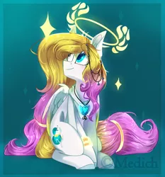 Size: 1024x1097 | Tagged: safe, artist:mediasmile666, derpibooru import, oc, oc:angel light, unofficial characters only, pegasus, pony, abstract background, female, heterochromia, image, jewelry, looking up, mare, pendant, png, sitting, smiling, solo, tailband
