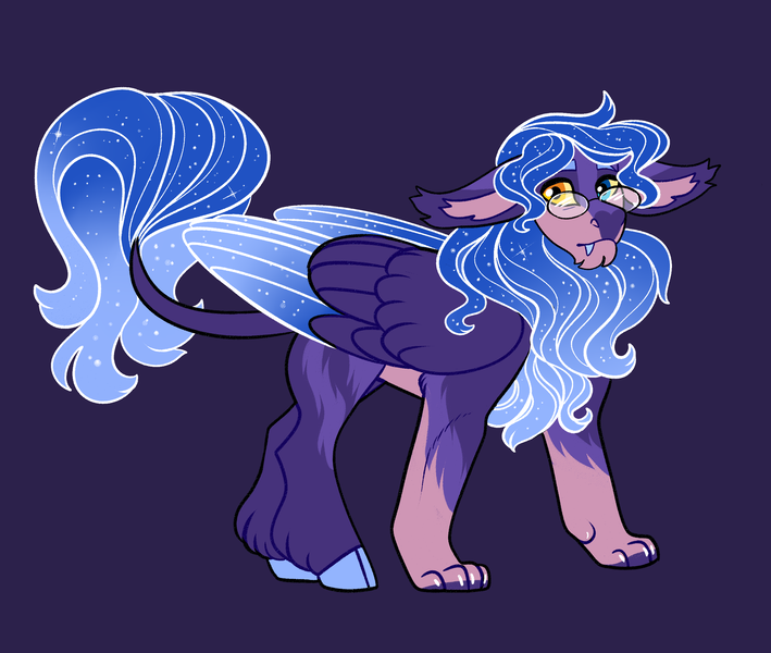 Size: 2600x2200 | Tagged: safe, artist:loryska, derpibooru import, oc, hybrid, blue background, ethereal mane, ethereal wings, glasses, heterochromia, image, interspecies offspring, magical lesbian spawn, male, offspring, parent:princess luna, parent:sphinx (character), png, simple background, solo, starry mane, starry wings, wings