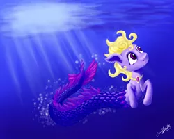 Size: 2738x2190 | Tagged: safe, artist:coco-flame, derpibooru import, oc, unofficial characters only, hybrid, merpony, sea pony, bubble, crepuscular rays, dorsal fin, fish tail, flowing tail, image, jewelry, ocean, png, purple eyes, signature, solo, sunlight, swimming, tail, underwater, water, yellow mane