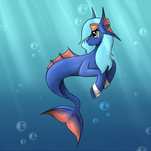Size: 690x690 | Tagged: safe, artist:heartfeltpony, derpibooru import, oc, unofficial characters only, hybrid, merpony, seapony (g4), blue mane, bubble, crepuscular rays, dorsal fin, fish tail, flowing tail, image, jpeg, ocean, ribbon, smiling, solo, sunlight, tail, underwater, water, yellow eyes