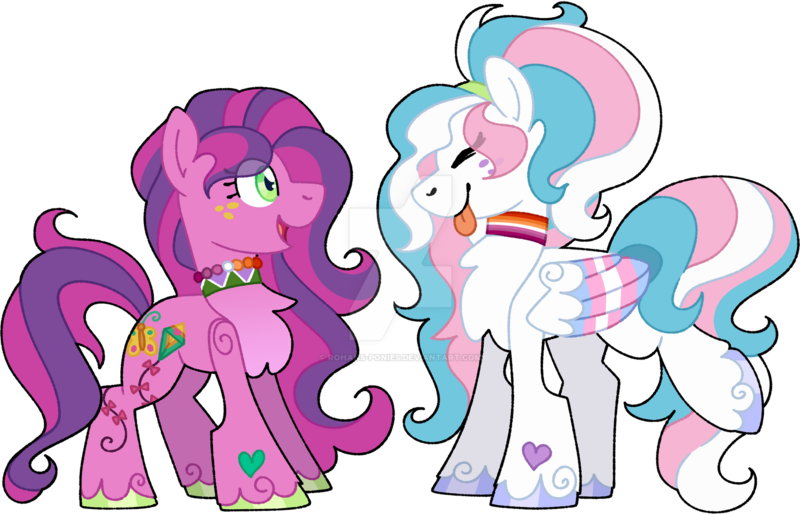 Size: 1600x1030 | Tagged: safe, artist:rohans-ponies, derpibooru import, skywishes, star catcher, earth pony, pegasus, pony, colored wings, deviantart watermark, donut steel, female, g3, g3 to g4, generation leap, image, mare, multicolored wings, obtrusive watermark, png, simple background, tongue out, transparent background, watermark, wings