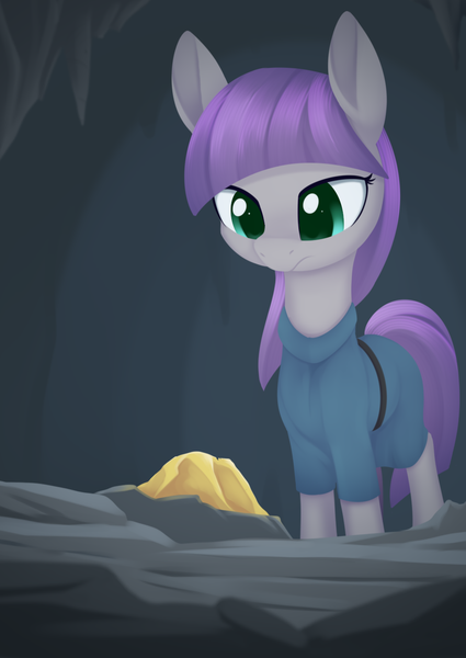 Size: 988x1394 | Tagged: safe, artist:dusthiel, derpibooru import, maud pie, earth pony, pony, atg 2021, cave, clothes, gold, image, newbie artist training grounds, png, rock