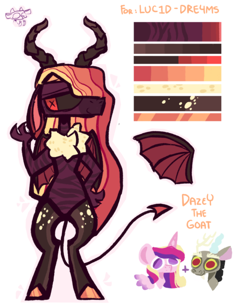 Size: 3049x4007 | Tagged: safe, artist:dazey-the-goat, derpibooru import, discord, princess cadance, oc, hybrid, hair over one eye, horns, image, interspecies offspring, offspring, parent:discord, parent:princess cadance, parents:discodance, png, reference sheet, simple background, solo, spaded tail, transparent background