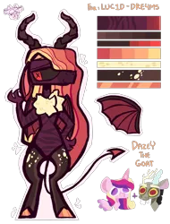 Size: 3049x4007 | Tagged: safe, artist:dazey-the-goat, derpibooru import, discord, princess cadance, oc, hybrid, hair over one eye, horns, image, interspecies offspring, offspring, parent:discord, parent:princess cadance, parents:discodance, png, reference sheet, simple background, solo, spaded tail, transparent background