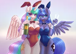 Size: 3508x2480 | Tagged: suggestive, alternate version, artist:dandy, derpibooru import, princess celestia, princess luna, alicorn, anthro, pony, adorasexy, alcohol, asymmetrical docking, big breasts, blushing, boob squish, breast squish, breasts, breasts touching, bunny suit, bunnylestia, busty princess celestia, busty princess luna, chest fluff, clothes, cuffs (clothes), cute, duo, duo female, ear fluff, eyebrows, eyebrows visible through hair, eyelashes, female, females only, glass, grin, hand on waist, high res, horn, image, leotard, looking at you, mare, milestone, multiple variants, open mouth, open smile, png, royal sisters, sexy, siblings, simple background, sisters, smiling, wings