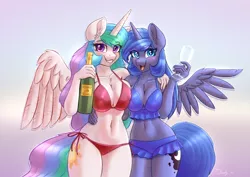 Size: 3508x2480 | Tagged: suggestive, alternate version, artist:dandy, derpibooru import, princess celestia, princess luna, alicorn, anthro, pony, absolute cleavage, adorasexy, alcohol, asymmetrical docking, belly button, big breasts, bikini, bikini babe, blushing, boob squish, breast size difference, breast squish, breasts, breasts touching, busty princess celestia, busty princess luna, chest fluff, cleavage, cleavage fluff, clothes, curvy, cute, cutelestia, duo, duo female, ear fluff, erect nipples, eyebrows, eyebrows visible through hair, eyelashes, female, females only, glass, grin, hand on waist, high res, horn, hourglass figure, image, looking at you, lunabetes, mare, midriff, milestone, multiple variants, nipple outline, open mouth, open smile, png, royal sisters, sexy, siblings, simple background, sisters, smiling, stupid sexy celestia, stupid sexy princess luna, swimsuit, tankini, thighs, wide hips, wings
