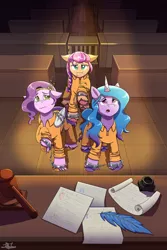 Size: 1280x1920 | Tagged: safe, artist:littletigressda, derpibooru import, izzy moonbow, pipp petals, sunny starscout, earth pony, pegasus, pony, unicorn, braid, chained, chains, clothes, court, courtroom, cuffs, feather, female, floppy ears, g5, gavel, handcuffed, hoof fluff, image, ink, jpeg, light, mare, open mouth, paper, prison outfit, raised hoof, sad, signature, trio, unshorn fetlocks