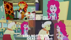 Size: 1280x720 | Tagged: safe, derpibooru import, edit, edited screencap, editor:quoterific, screencap, granny smith, pinkie pie, sunset shimmer, eqg summertime shorts, equestria girls, the art of friendship, apron, clothes, cute, cutie mark, cutie mark on clothes, female, image, one eye closed, open mouth, painting, png, shimmerbetes, smiling, wink