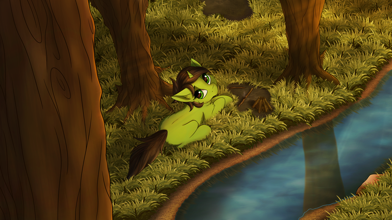 Size: 3840x2160 | Tagged: safe, artist:crimsonwolf360, derpibooru import, oc, oc:anonfilly, oc:green, pony, unicorn, fanfic:trust once lost, cute, ear fluff, female, filly, forest, forest background, image, looking at you, png, river, scenery, scenery porn, tree