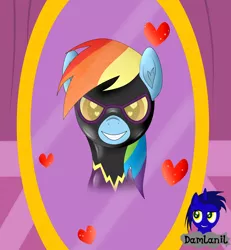 Size: 3840x4154 | Tagged: safe, artist:damlanil, derpibooru import, rainbow dash, pegasus, pony, blushing, carousel boutique, catsuit, clothes, costume, cute, dashabetes, female, happy, heart, heart eyes, image, latex, latex suit, looking at you, mare, mirror, open mouth, png, rubber, shadowbolts, shadowbolts costume, shine, shiny, simple background, smiling, solo, suit, vector, wingding eyes, wings
