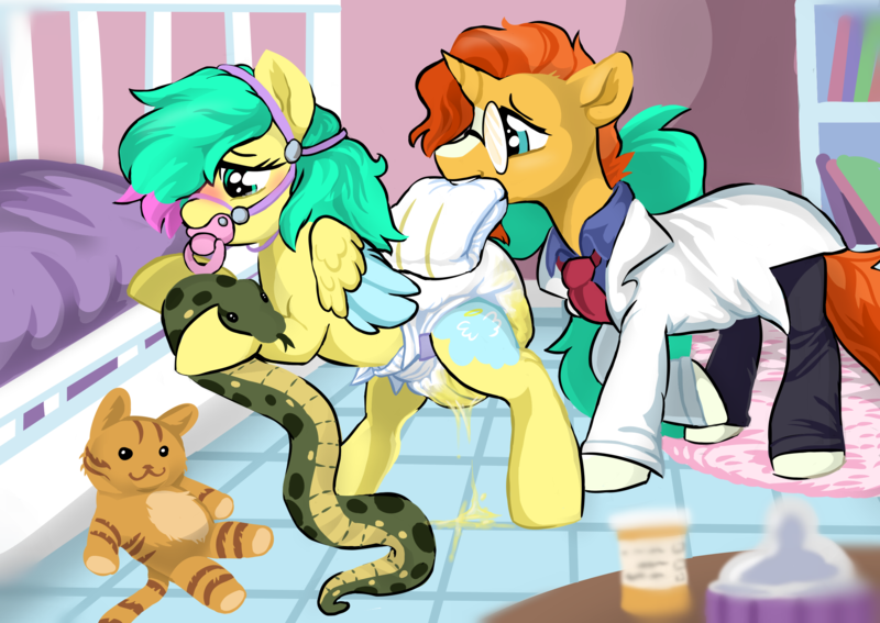 Size: 2250x1596 | Tagged: questionable, artist:onc3l3rphobix, derpibooru import, sunburst, oc, oc:onc, diaper, diaper fetish, fetish, image, leaking, leaky diaper, pacifier, plushie, png, urine, wet diaper