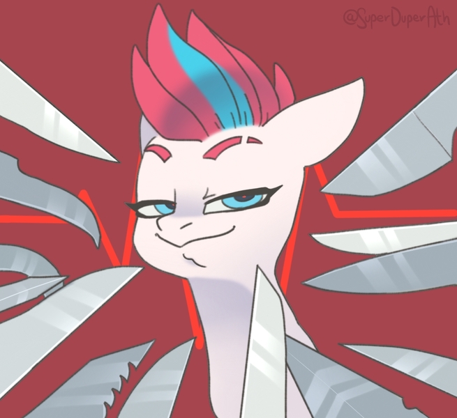 Size: 1089x997 | Tagged: safe, artist:superduperath, derpibooru import, zipp storm, pegasus, pony, female, g5, image, jpeg, knife, looking at you, mare, red background, simple background, solo, weapon