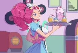 Size: 2853x1957 | Tagged: safe, artist:cerseitortoise, derpibooru import, pinkie pie, human, coinky-dink world, eqg summertime shorts, equestria girls, 1950s, big hair, breasts, busty pinkie pie, cupcake, diner, drink, female, food, humanized, image, one eye closed, png, server pinkie pie, solo, sundae, tray, waitress, wink