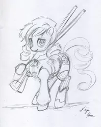 Size: 1280x1615 | Tagged: safe, artist:timerrabbit, derpibooru import, ponified, earth pony, pony, crossover, female, gun, image, jpeg, magical girl, mami tomoe, mare, monochrome, puella magi madoka magica, sketch, solo, weapon