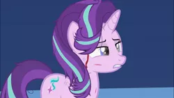 Size: 1280x720 | Tagged: semi-grimdark, artist:forgalorga, derpibooru import, starlight glimmer, pony, unicorn, blood, blood stream, dead eyes, female, image, jpeg, lidded eyes, looking forward, mare, messy mane, scratches, solo, teeth, the first starlight, twilight's castle