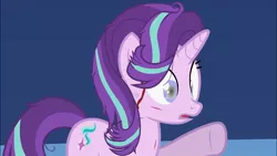 Size: 1280x720 | Tagged: semi-grimdark, artist:forgalorga, derpibooru import, starlight glimmer, pony, unicorn, blind, blood, blood stream, dead eyes, female, image, jpeg, looking forward, mare, messy mane, open mouht, scratches, shocked, solo, the first starlight, twilight's castle