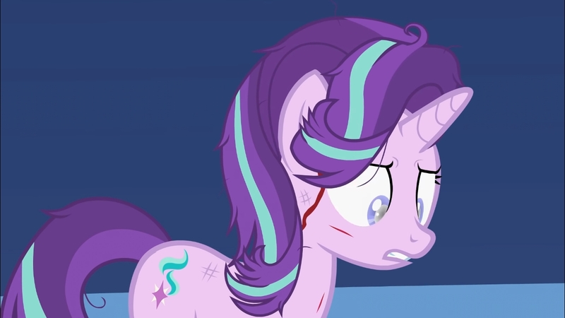 Size: 1280x720 | Tagged: semi-grimdark, artist:forgalorga, derpibooru import, starlight glimmer, pony, unicorn, blood, blood stream, dead eyes, female, image, jpeg, looking down, mare, messy mane, sad, scratches, solo, teeth, the first starlight, twilight's castle