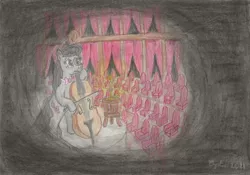 Size: 1868x1310 | Tagged: safe, derpibooru import, octavia melody, earth pony, alone, atg 2021, candle, candlelight, cello, concert hall, darkness, image, jpeg, musical instrument, newbie artist training grounds, solo, stage, stage light, theater, traditional art