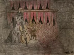 Size: 1280x960 | Tagged: safe, artist:pianoflagerag, derpibooru import, octavia melody, earth pony, alone, atg 2021, candle, candlelight, cello, concert hall, darkness, image, jpeg, musical instrument, newbie artist training grounds, solo, theater, traditional art