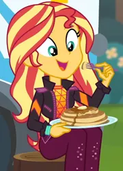 Size: 458x635 | Tagged: safe, derpibooru import, screencap, sunset shimmer, equestria girls, equestria girls series, wake up!, spoiler:eqg series (season 2), cropped, food, image, pancakes, png, solo