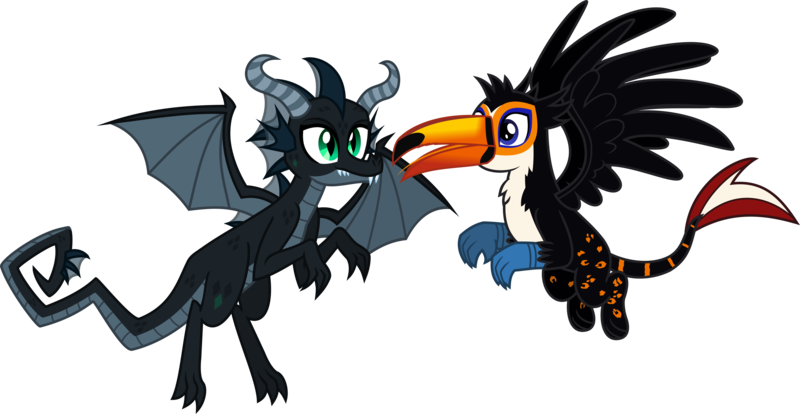 Size: 3818x1975 | Tagged: safe, artist:lightningbolt, derpibooru import, oc, oc:pyrolysis, oc:tristão, unofficial characters only, bird, dragon, gryphon, ocelot, toco toucan, toucan, .svg available, beak, chest fluff, claws, derpibooru exclusive, dragon wings, duo, fangs, fins, flying, gay, happy, horns, image, looking at each other, male, open beak, open mouth, paws, png, scales, shipping, simple background, slit eyes, smiling, tail, talons, tongue out, toucan griffon, transparent background, vector, wings