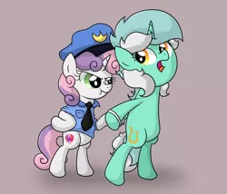 Size: 3546x3036 | Tagged: safe, artist:background basset, derpibooru import, lyra heartstrings, sweetie belle, pony, unicorn, :t, arrested, bipedal, cuffs, duo, handcuffed, image, looking back, open mouth, png, police officer, simple background