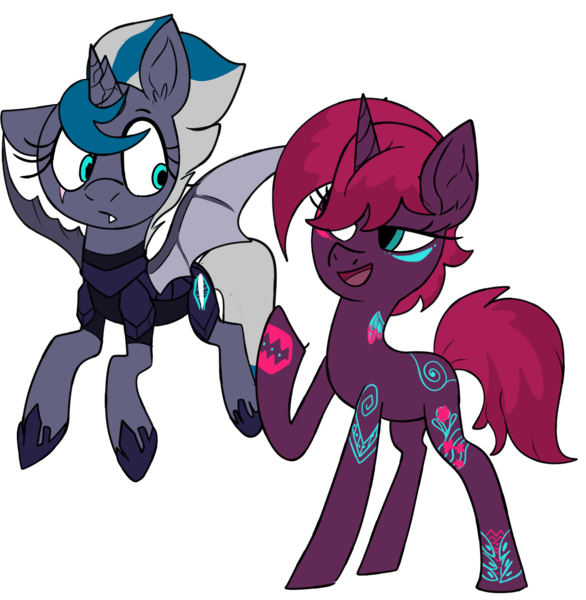 Size: 1323x1354 | Tagged: safe, artist:northernlightsone, derpibooru import, fizzlepop berrytwist, tempest shadow, oc, oc:elizabat stormfeather, alicorn, bat pony, bat pony alicorn, pony, unicorn, alicorn oc, alternate hairstyle, alternate universe, armor, bat pony oc, bat wings, broken horn, canon x oc, eye scar, fangs, female, flying, hair over one eye, hoof shoes, horn, image, lesbian, mare, open mouth, png, raised hoof, role reversal, scar, shipping, simple background, stormshadow, tattoo, tempest gets her horn back, transparent background, wings