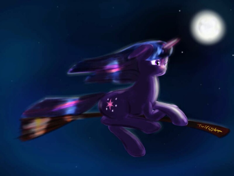 Size: 1024x768 | Tagged: safe, artist:kwendynew, derpibooru import, twilight sparkle, pony, unicorn, broom, female, flying, flying broomstick, full moon, image, jpeg, moon, night, night sky, sky, unicorn twilight