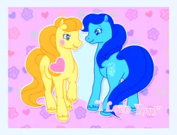 Size: 1000x763 | Tagged: safe, artist:conphettey, derpibooru import, prince blue dream, princess golden dream, earth pony, butt, cute, female, g2, goldenblue, heart, image, male, plot, png, prince cute dream, princess goldenbetes, shipping, starry eyes, straight, text, unshorn fetlocks, wingding eyes