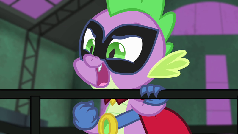 Size: 1280x720 | Tagged: safe, derpibooru import, screencap, humdrum, spike, dragon, power ponies (episode), season 4, fist, fist pump, image, png, power ponies, solo, superhero, yeah