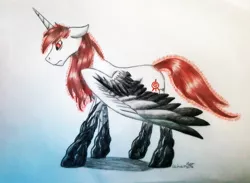 Size: 2864x2094 | Tagged: safe, artist:cahandariella, derpibooru import, ponified, alicorn, pony, binary code, code lyoko, colored wings, crossover, gift art, gradient legs, gradient wings, image, jpeg, red eyes, red mane, red tail, signature, solo, spread wings, traditional art, wings, xana