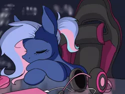 Size: 560x420 | Tagged: safe, artist:hauntedtuba, derpibooru import, periwinkle, oc, earth pony, pony, city, cityscape, computer mouse, headphones, image, jpeg, pink mane, ponytail, sleeping, solo