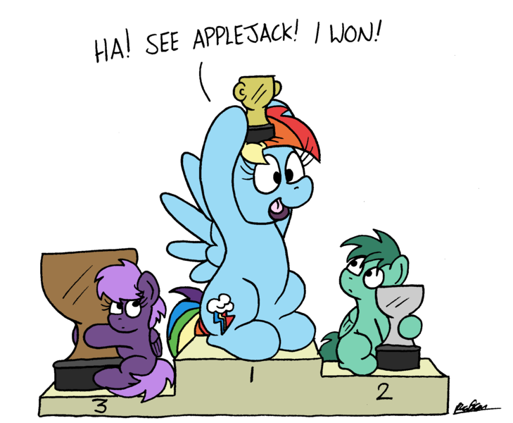 Size: 2076x1708 | Tagged: safe, artist:bobthedalek, derpibooru import, rainbow dash, oc, pegasus, pony, atg 2021, image, implied applejack, newbie artist training grounds, png, podium, trophy